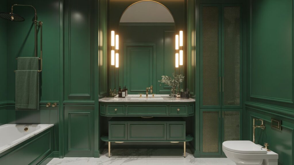 Deep Green Bathroom with Gold Accents