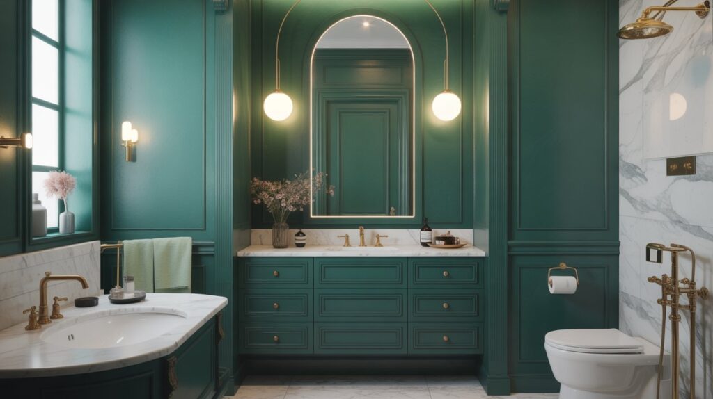 Deep Green Bathroom with Marble Details