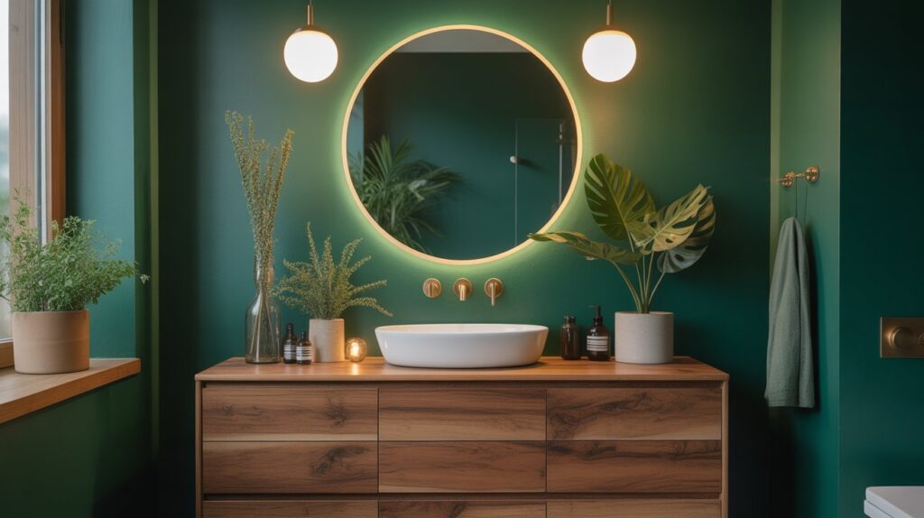 Deep Green Bathroom with Natural Wood