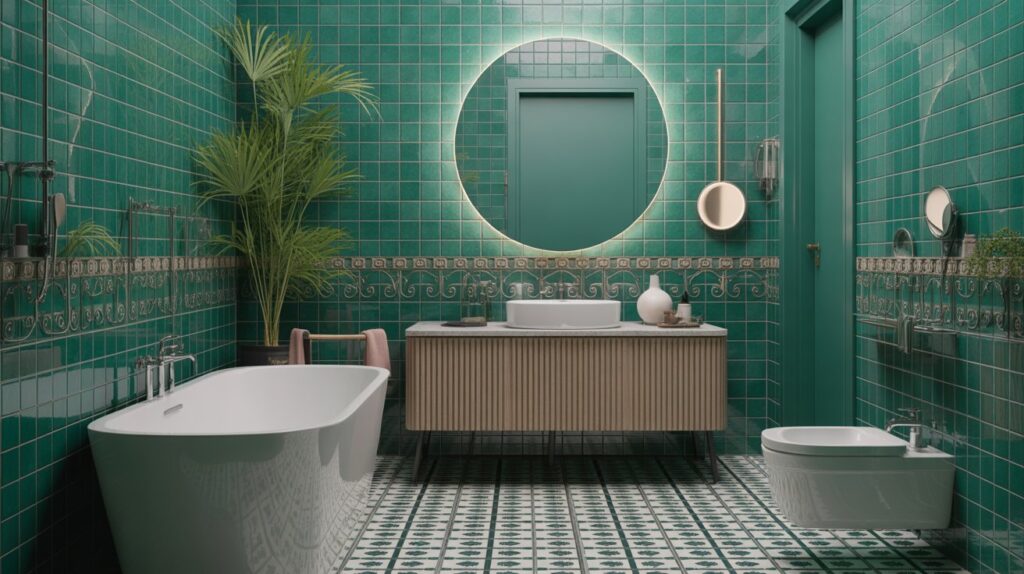Deep Green Bathroom with Patterned Tiles