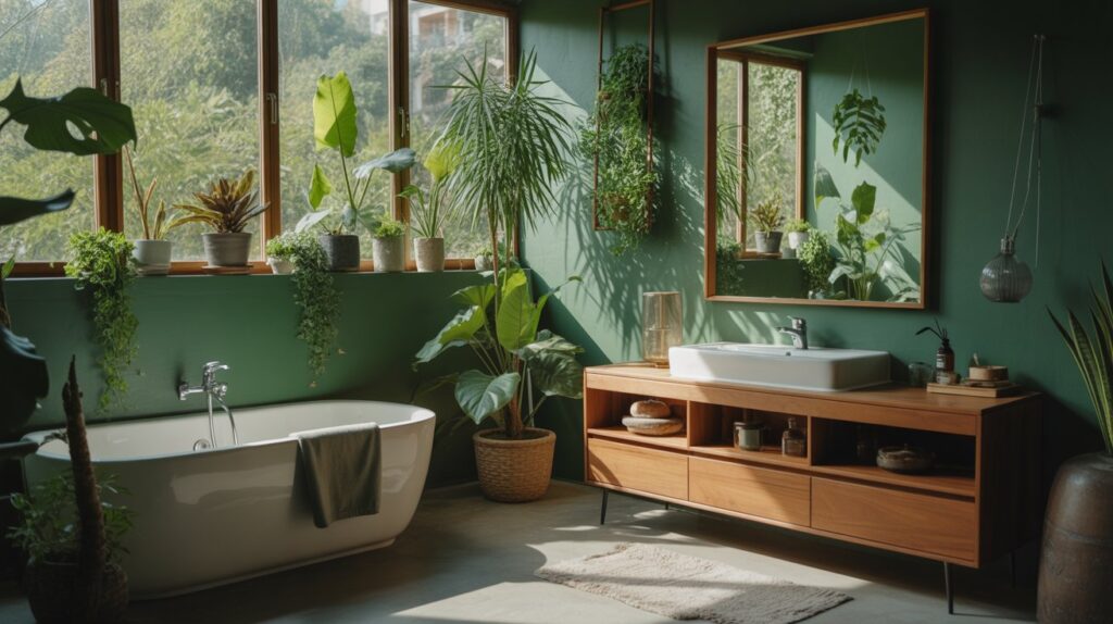 Deep Green Bathroom with Plants