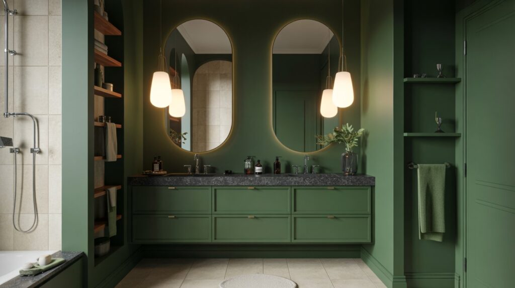 Deep Green Bathroom with Statement Lighting