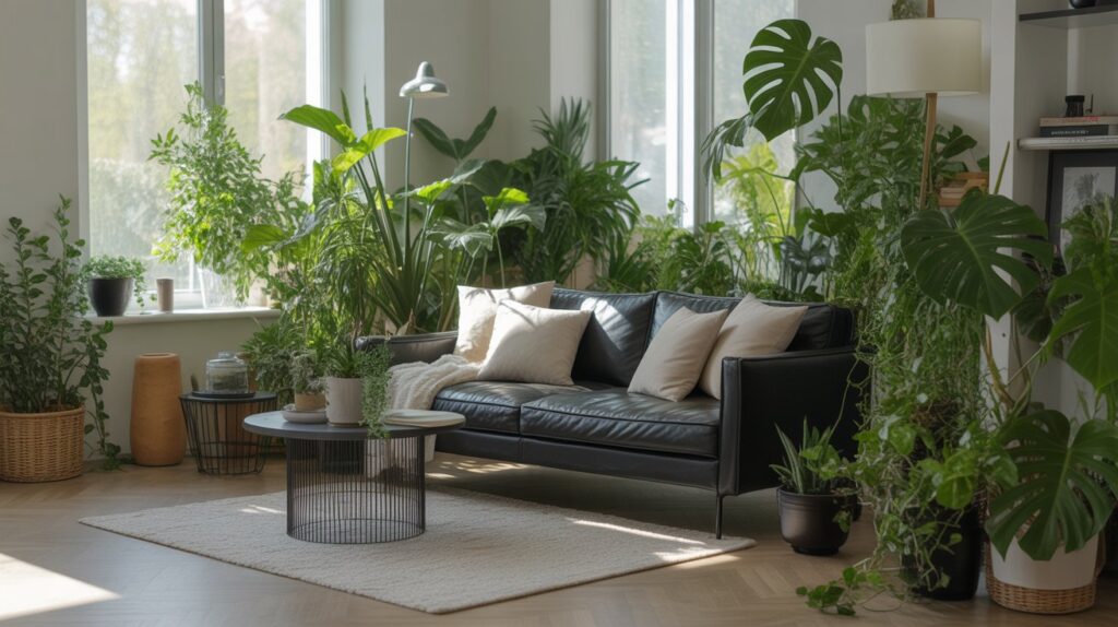 Black Couch with Indoor Plants