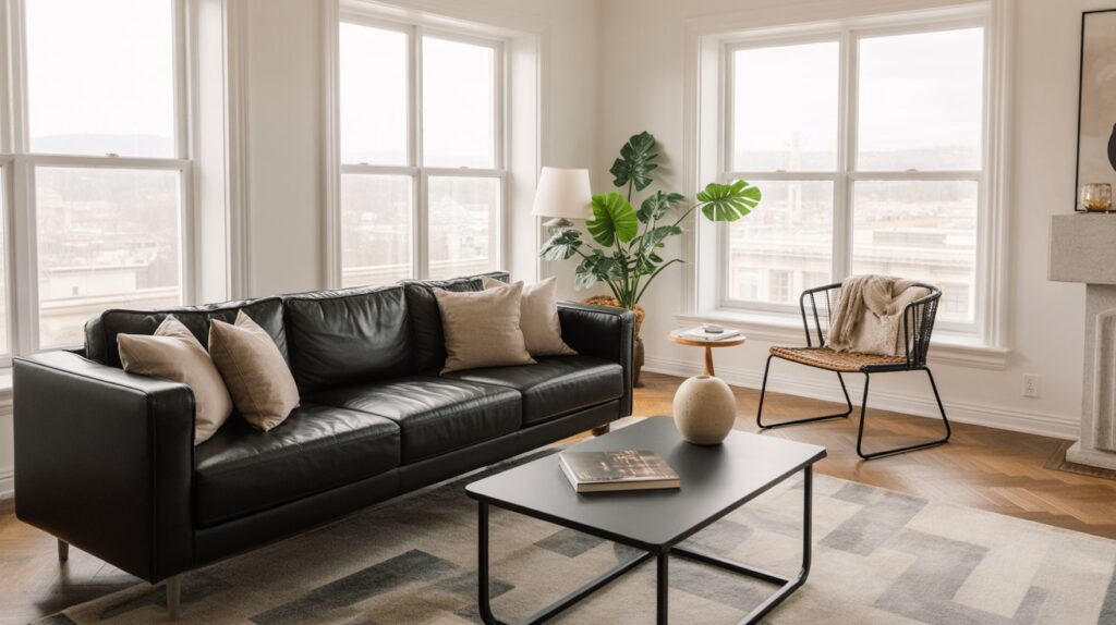 Black Couch with Large Windows