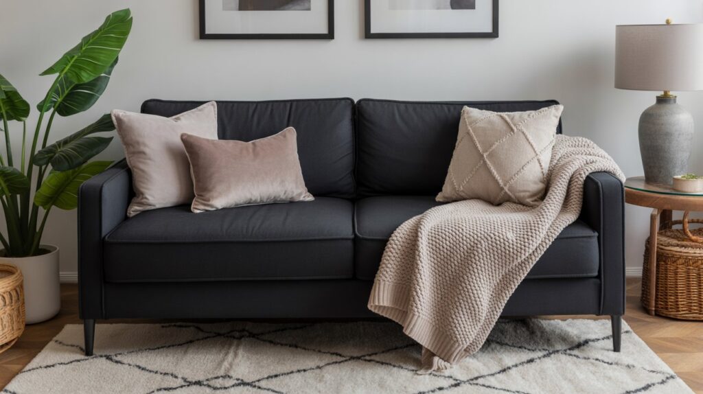 Black Couch with Layered Textures