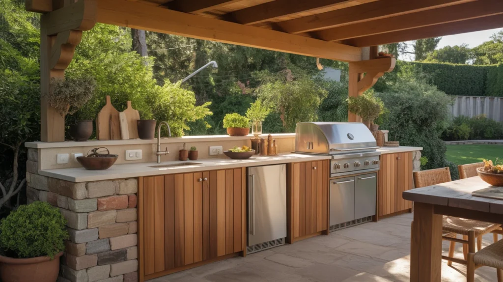 Outdoor Kitchen with Natural Wood Accents