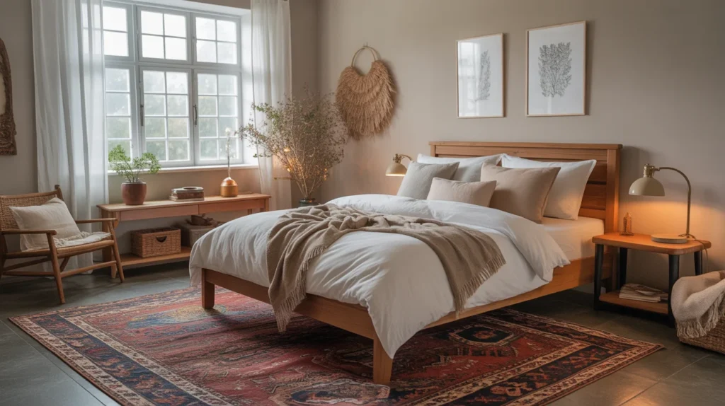 Farmhouse Bedroom with Patterned Rugs