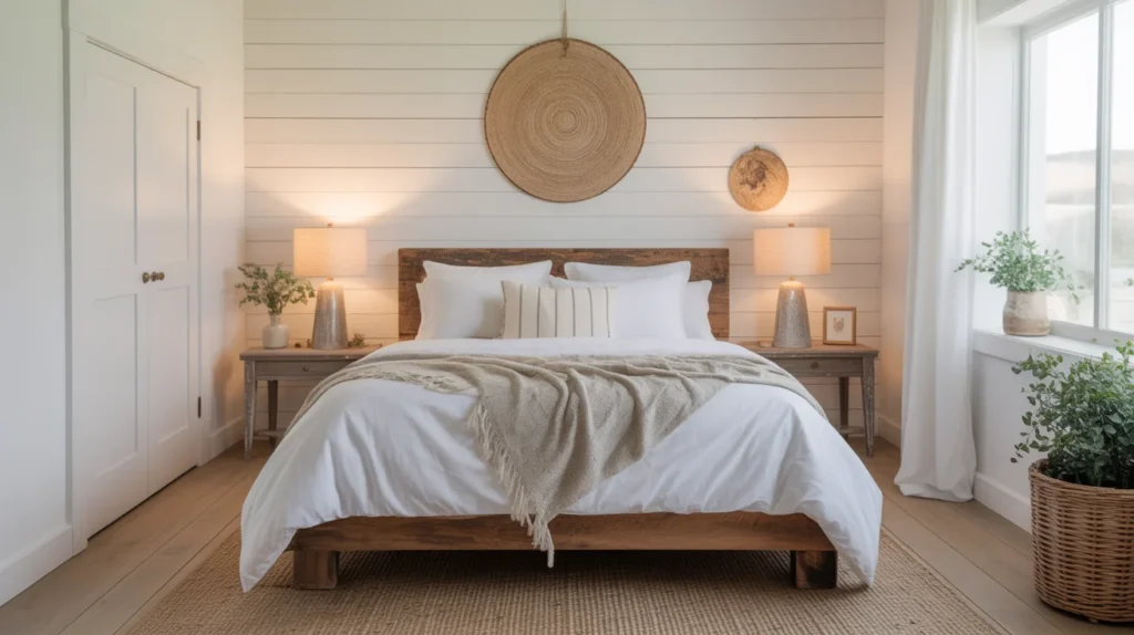 Farmhouse Bedroom with Shiplap Walls